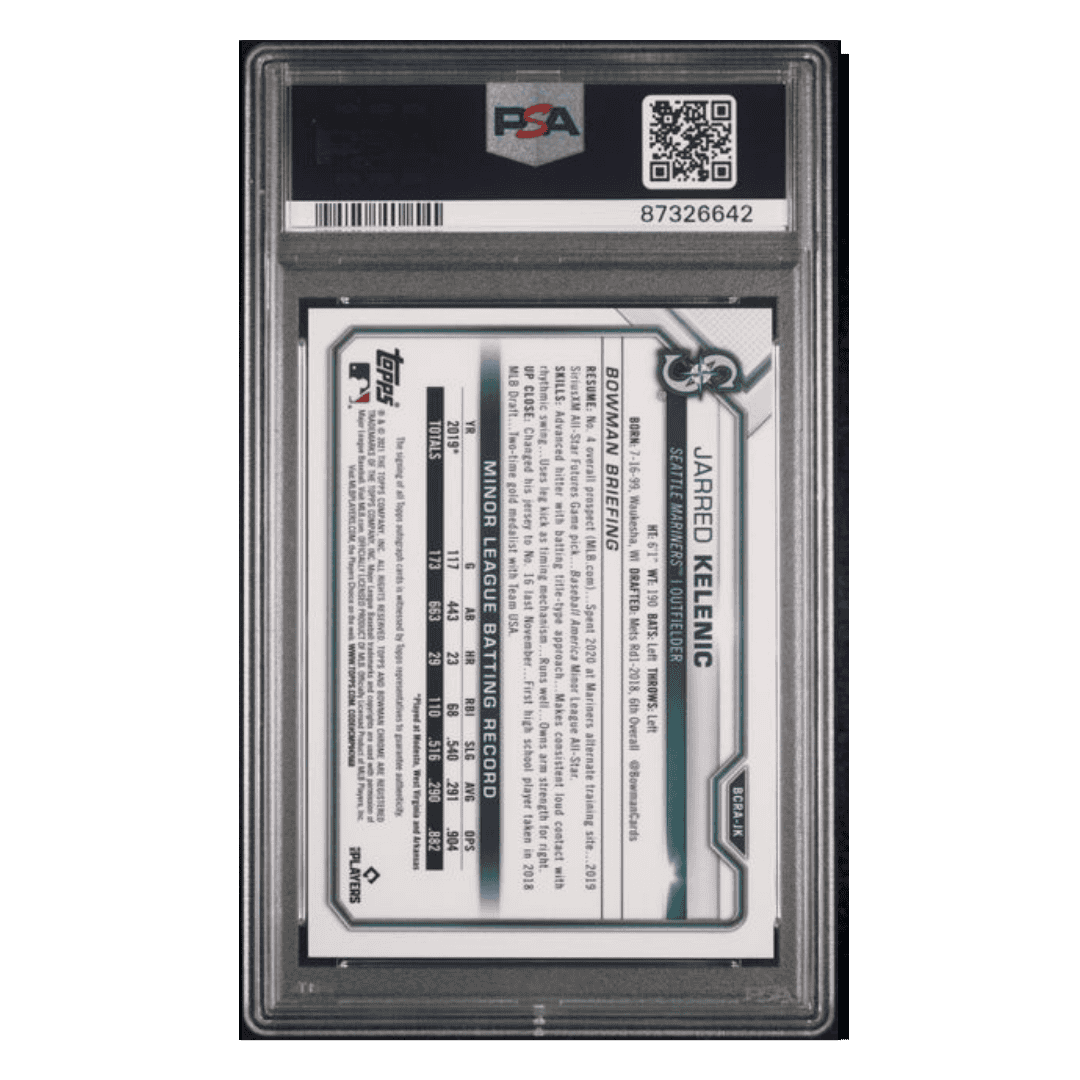 Jarred Kelenic PSA 10 2021 Topps Bowman Chrome Rookie Autographs Card #BCRAJK