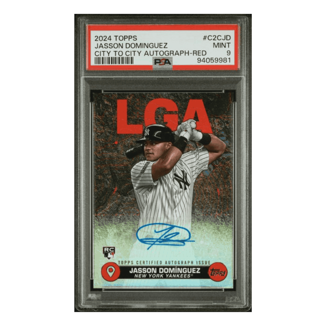 Jasson Dominguez PSA 9 2024 Topps City to City Autograph Red Rookie RC #d/ 25 Card #C2CJD