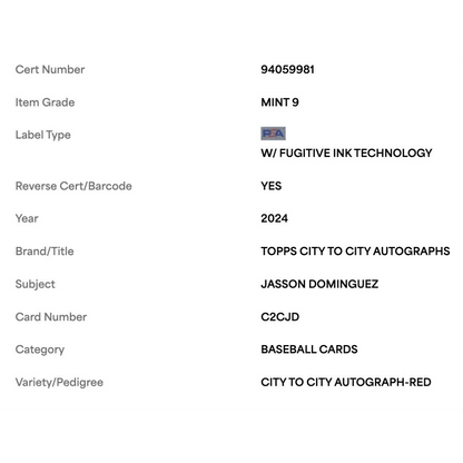 Jasson Dominguez PSA 9 2024 Topps City to City Autograph Red Rookie RC #d/ 25 Card #C2CJD