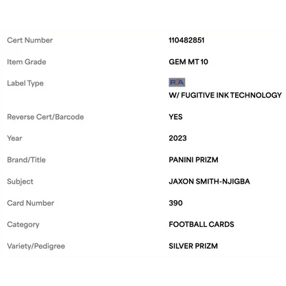Jaxon Smith-Njigba PSA 10 2023 Panini Prizm Silver Prizm Rookie RC Card #390