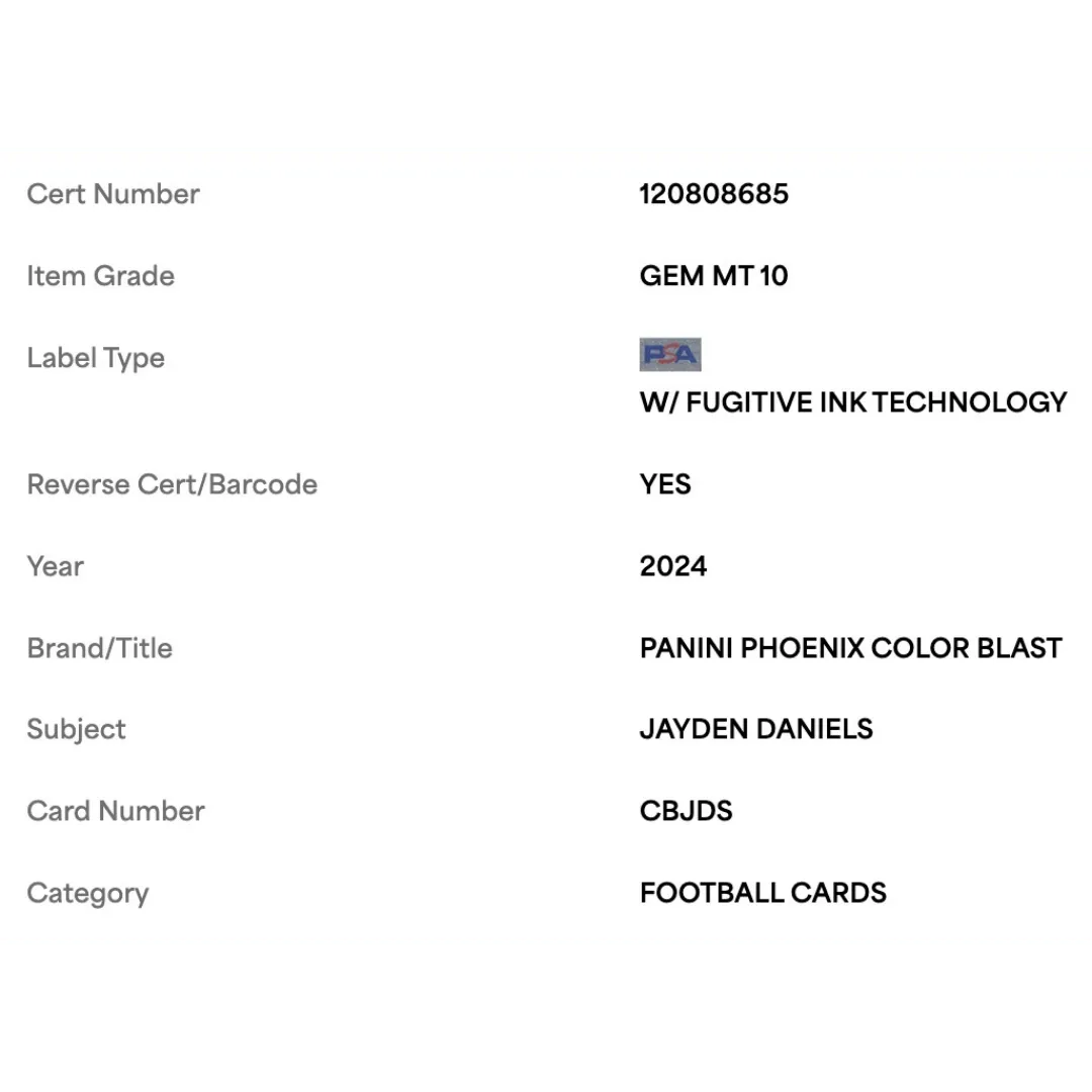 Jayden Daniels PSA 10 2024 Panini Phoenix Color Blast Case Hit Card #CBJDS