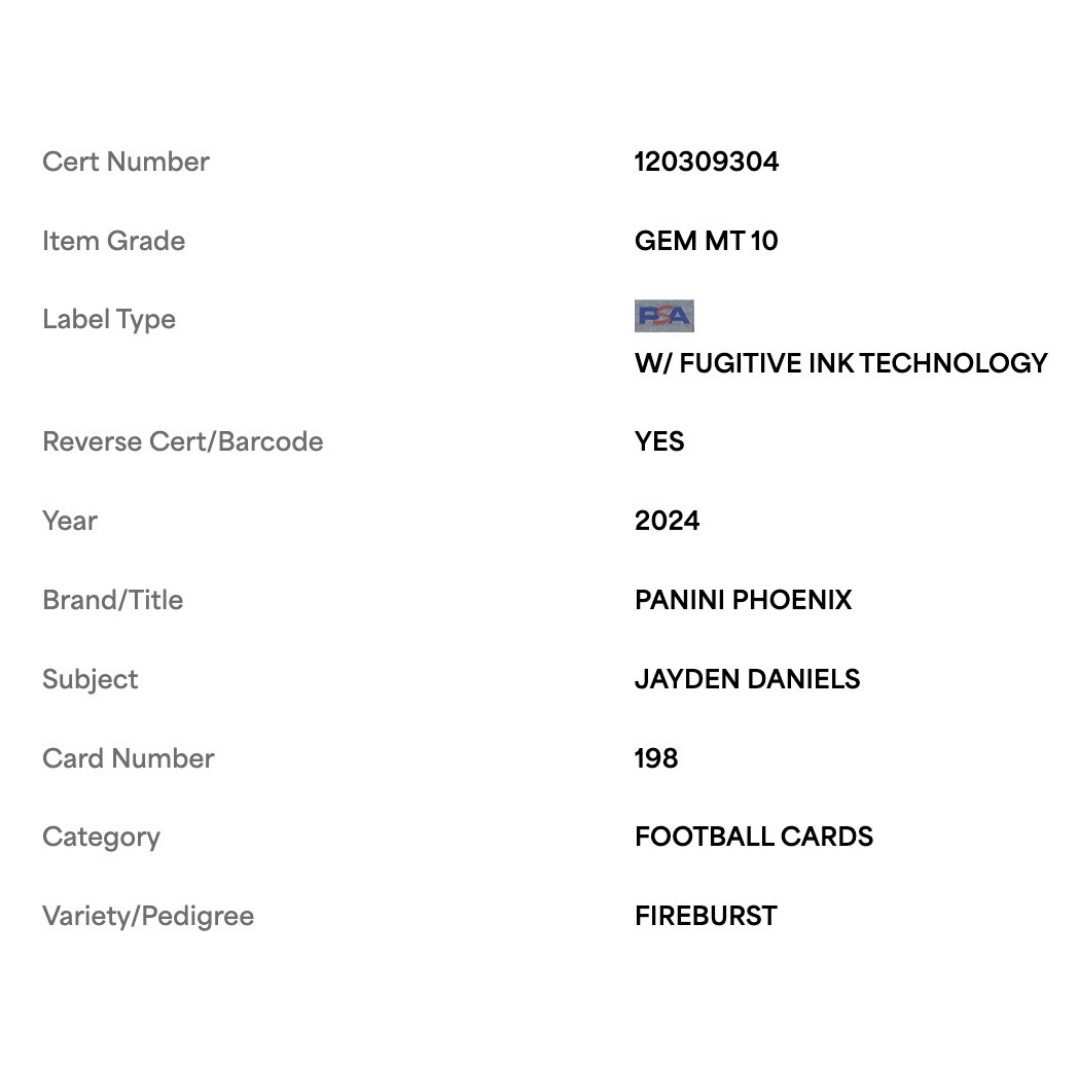Jayden Daniels PSA 10 2024 Panini Phoenix Fireburst Card #198