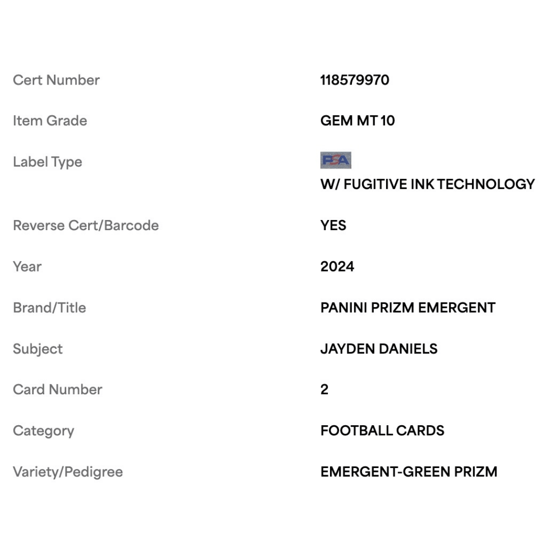 Jayden Daniels PSA 10 2024 Panini Prizm Emergent Green Prizm Rookie RC Card #2