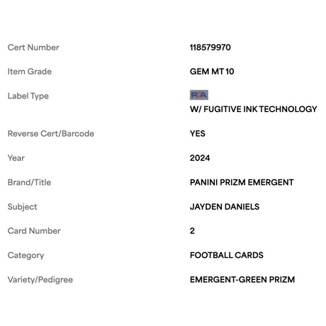 Jayden Daniels PSA 10 2024 Panini Prizm Emergent Green Prizm Rookie RC Card #2