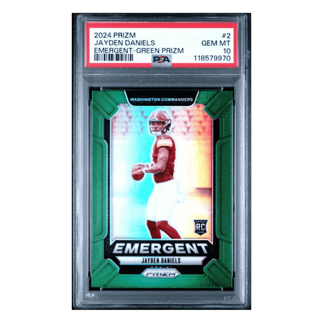 Jayden Daniels PSA 10 2024 Panini Prizm Emergent Green Prizm Rookie RC Card #2