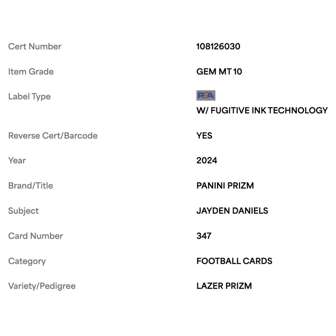 Jayden Daniels PSA 10 2024 Panini Prizm Lazer Rookie RC Card #347