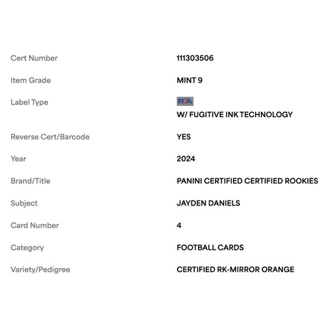 Jayden Daniels PSA 9 2024 Panini Certified Rookie Mirror Orange Rookie RC Card #4