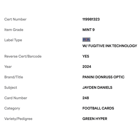 Jayden Daniels PSA 9 2024 Panini Donruss Optic Green Hyper Rated Rookie Card #248