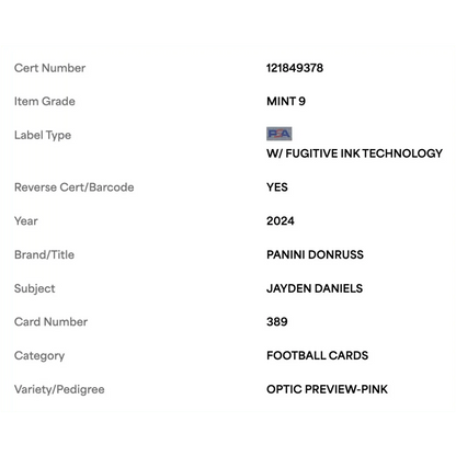 Jayden Daniels PSA 9 2024 Panini Donruss Optic Preview Pink Rated Rookie Card #389