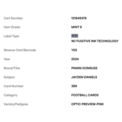 Jayden Daniels PSA 9 2024 Panini Donruss Optic Preview Pink Rated Rookie Card #389