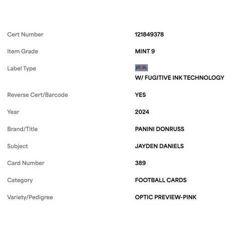 Jayden Daniels PSA 9 2024 Panini Donruss Optic Preview Pink Rated Rookie Card #389