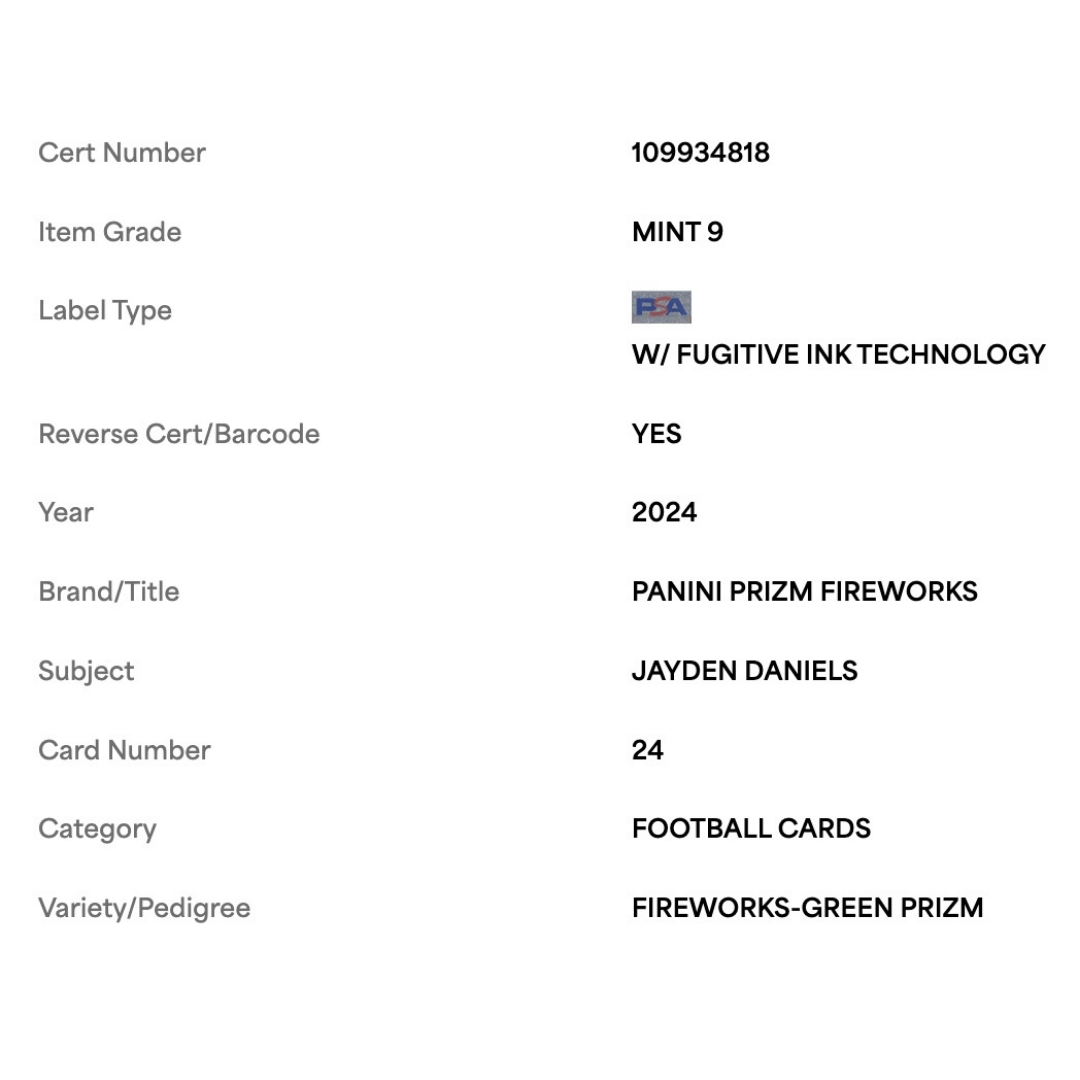 Jayden Daniels PSA 9 2024 Panini Prizm Fireworks Green Rookie RC Card #24