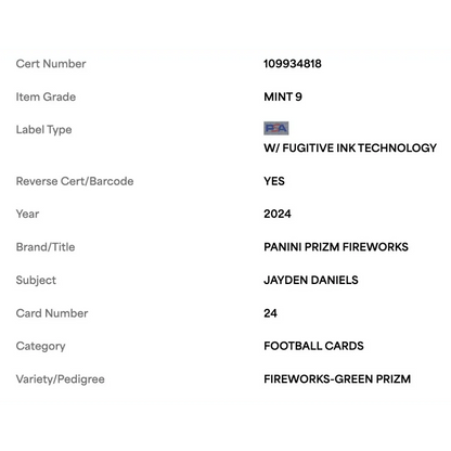Jayden Daniels PSA 9 2024 Panini Prizm Fireworks Green Rookie RC Card #24