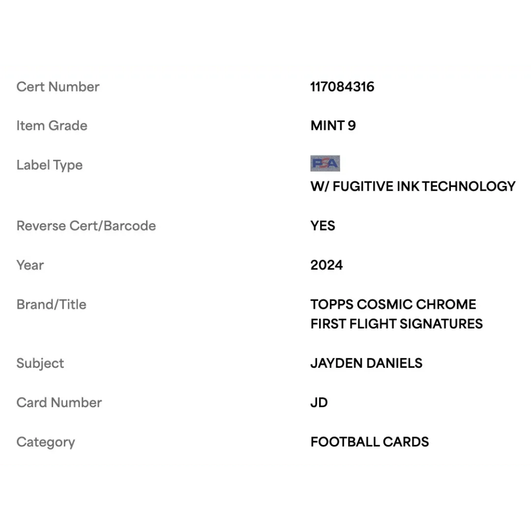Jayden Daniels PSA 9 2024 Topps Cosmic Chrome First Flight Signature #d/ 75 Card #JD