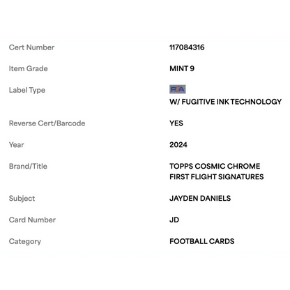 Jayden Daniels PSA 9 2024 Topps Cosmic Chrome First Flight Signature #d/ 75 Card #JD