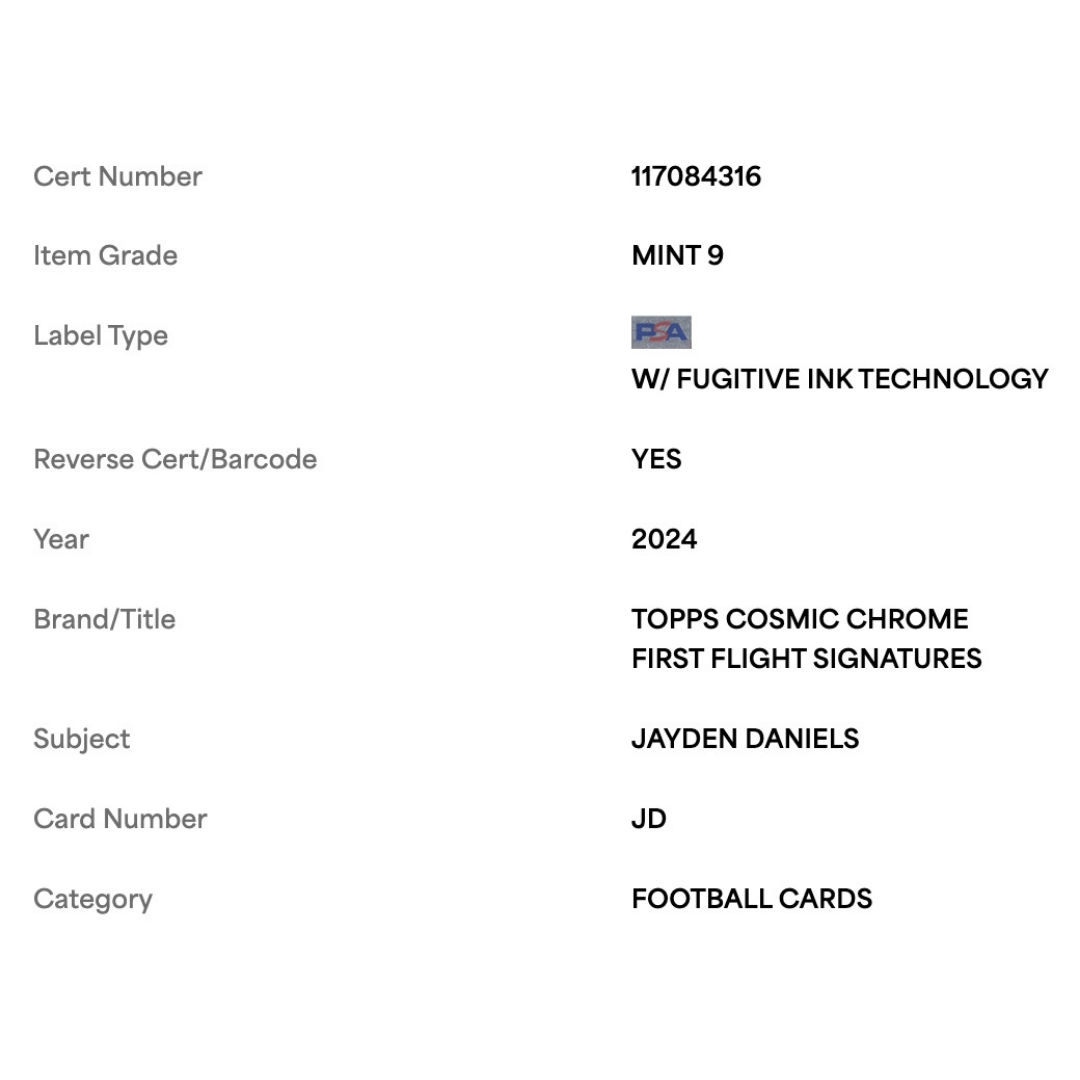 Jayden Daniels PSA 9 2024 Topps Cosmic Chrome First Flight Signature #d/ 75 Card #JD