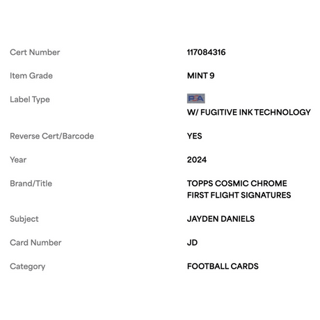 Jayden Daniels PSA 9 2024 Topps Cosmic Chrome First Flight Signature #d/ 75 Card #JD