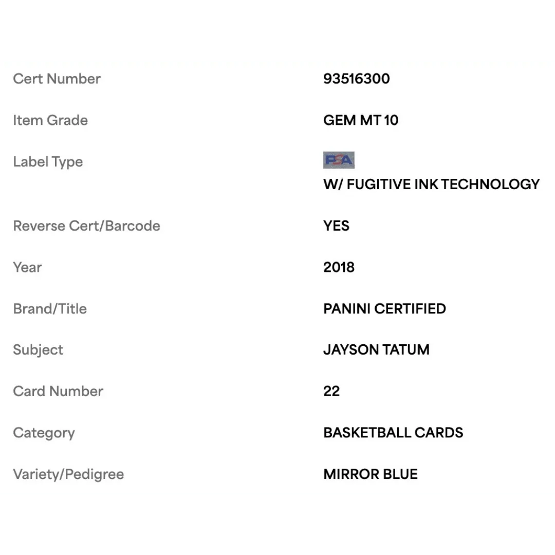 Jayson Tatum PSA 10 2018 Panini Certified Mirror Blue #d/ 199 Card #22