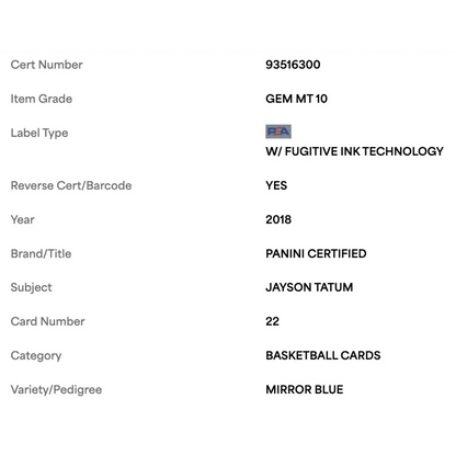 Jayson Tatum PSA 10 2018 Panini Certified Mirror Blue #d/ 199 Card #22