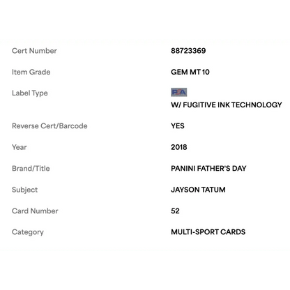 Jayson Tatum PSA 10 2018 Panini Father's Day Card #52