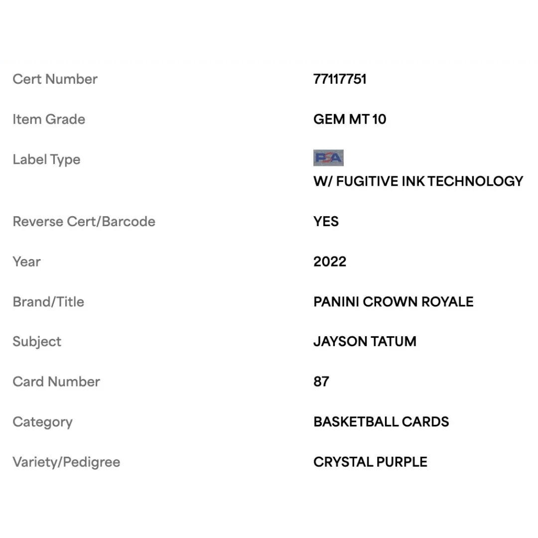 Jayson Tatum PSA 10 2022 Panini Crown Royale Crystal Purple #d/ 25 Card #87