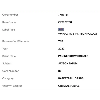 Jayson Tatum PSA 10 2022 Panini Crown Royale Crystal Purple #d/ 25 Card #87