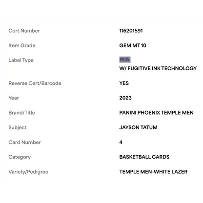 Jayson Tatum PSA 10 2023 Panini Phoenix Temple Men White Lazer #d /150 Card #4
