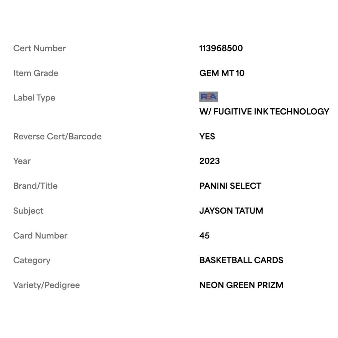 Jayson Tatum PSA 10 2023 Panini Select Neon Green Prizm #d/75 Card #45