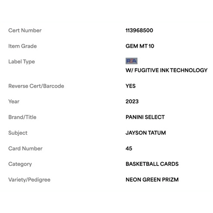 Jayson Tatum PSA 10 2023 Panini Select Neon Green Prizm #d/75 Card #45