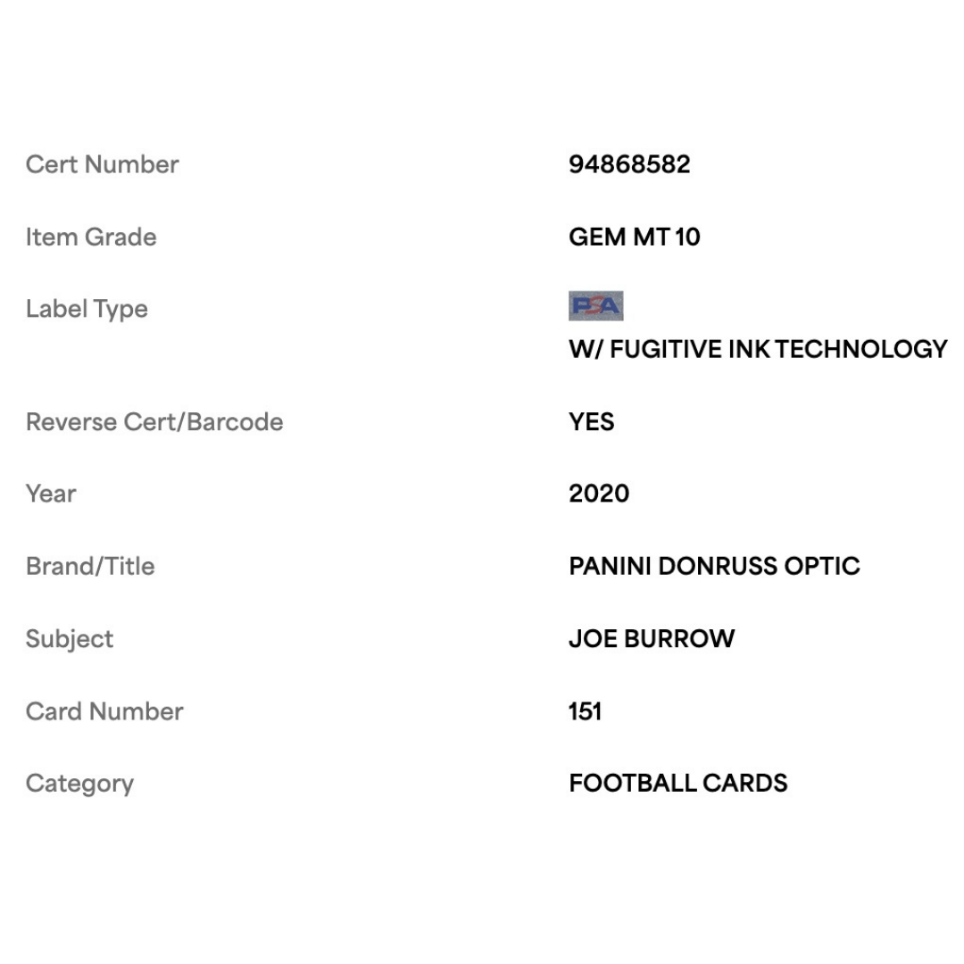 Joe Burrow PSA 10 2020 Panini Donruss Optic Rated Rookie Card #151