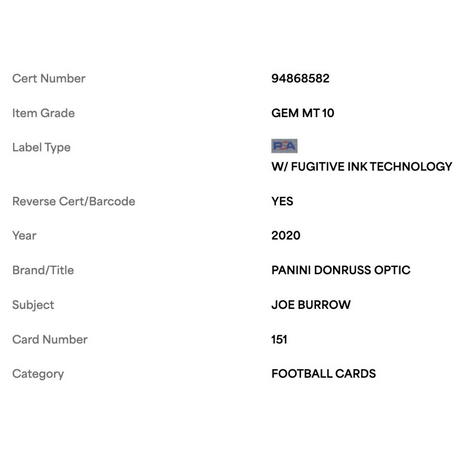 Joe Burrow PSA 10 2020 Panini Donruss Optic Rated Rookie Card #151