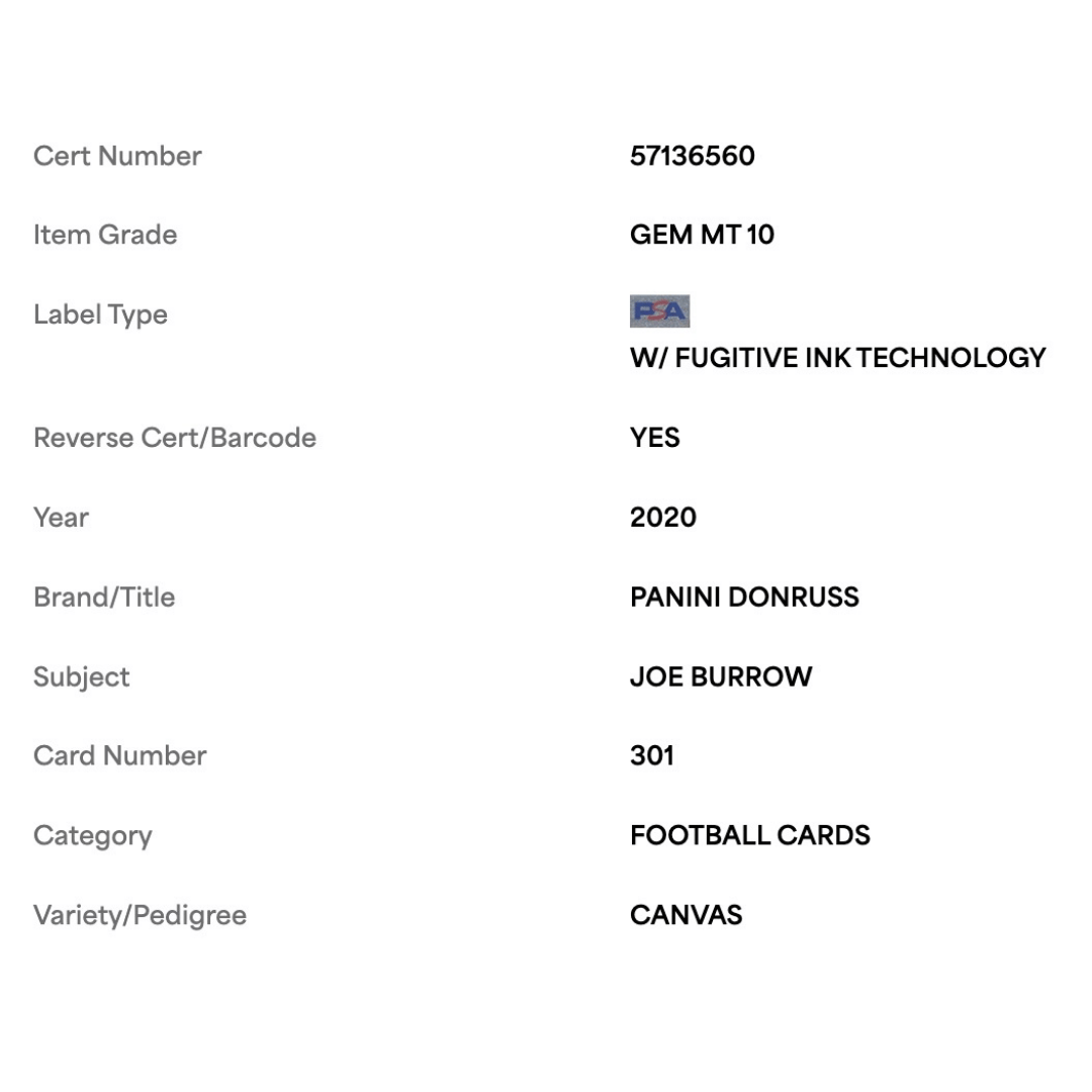 Joe Burrow PSA 10 2020 Panini Donruss Rated Rookie Card #301