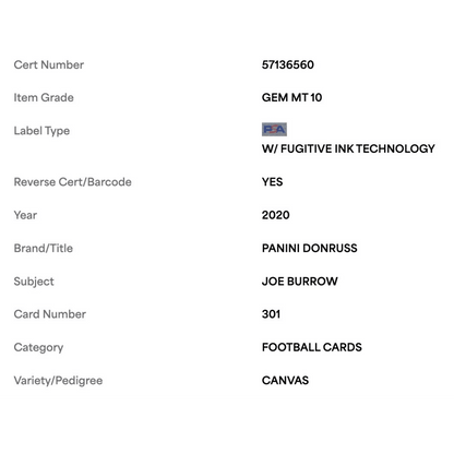 Joe Burrow PSA 10 2020 Panini Donruss Rated Rookie Card #301