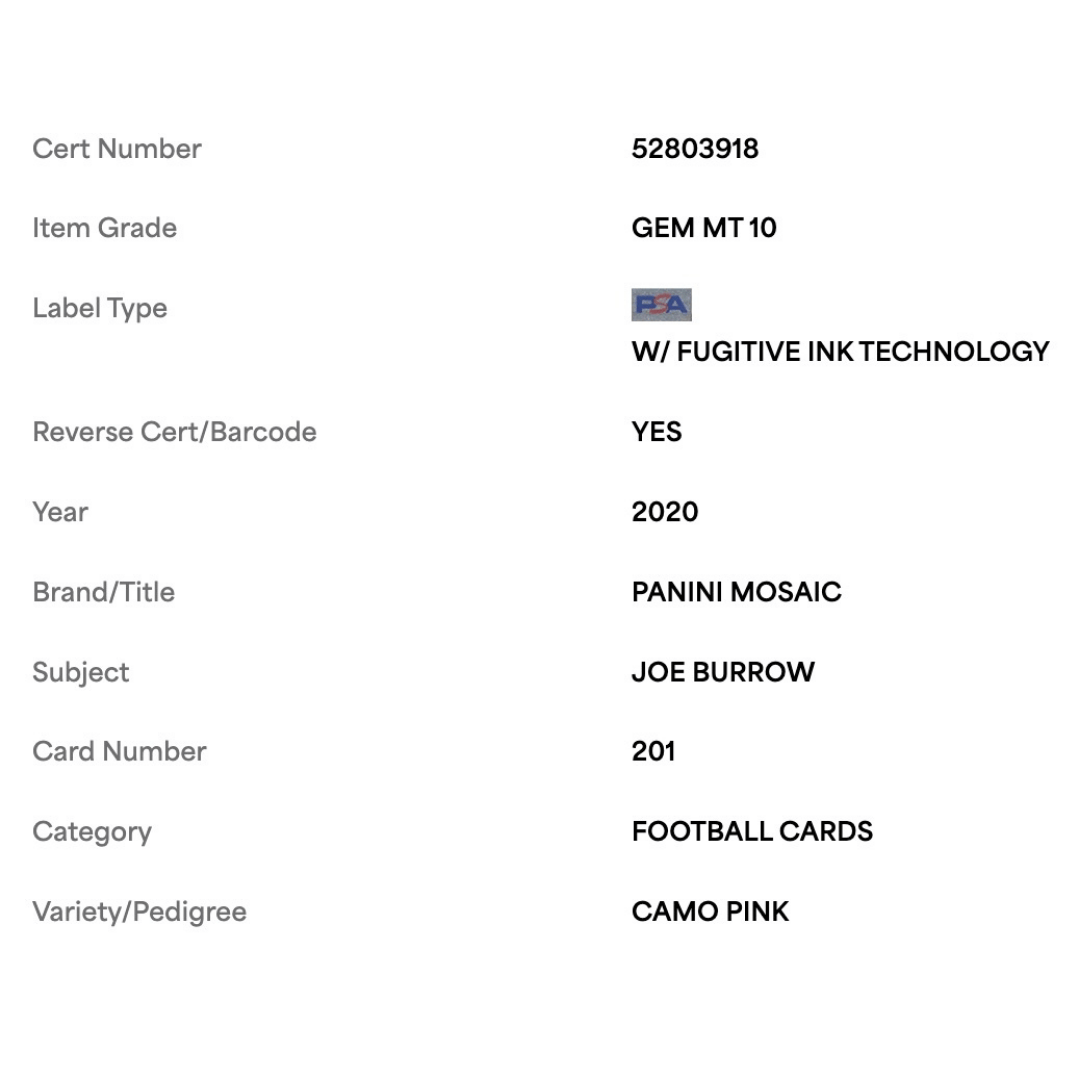 Joe Burrow PSA 10 2020 Panini Mosaic Camo Pink Rookie RC Card #201