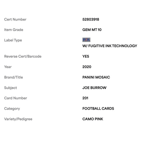 Joe Burrow PSA 10 2020 Panini Mosaic Camo Pink Rookie RC Card #201