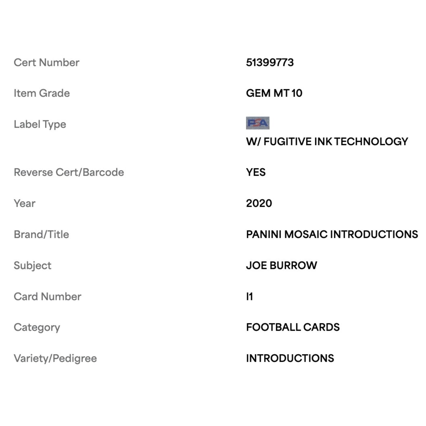 Joe Burrow PSA 10 2020 Panini Mosaic Introductions Card #I1