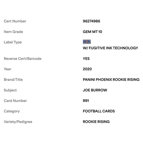 Joe Burrow PSA 10 2020 Panini Phoenix Rookie Rising Card #RR1