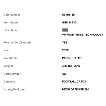 Joe Burrow PSA 10 2022 Panini Select Neon Green Prizm #d/ 49 Card #120