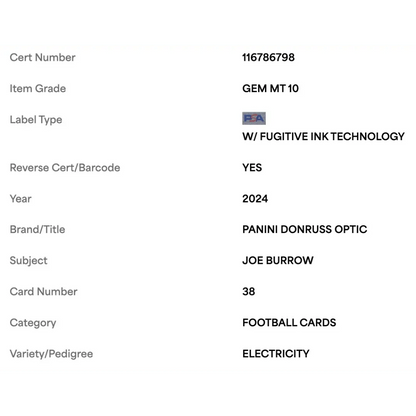 Joe Burrow PSA 10 2024 Panini Donruss Optic Electricity #d/ 75 Card #38