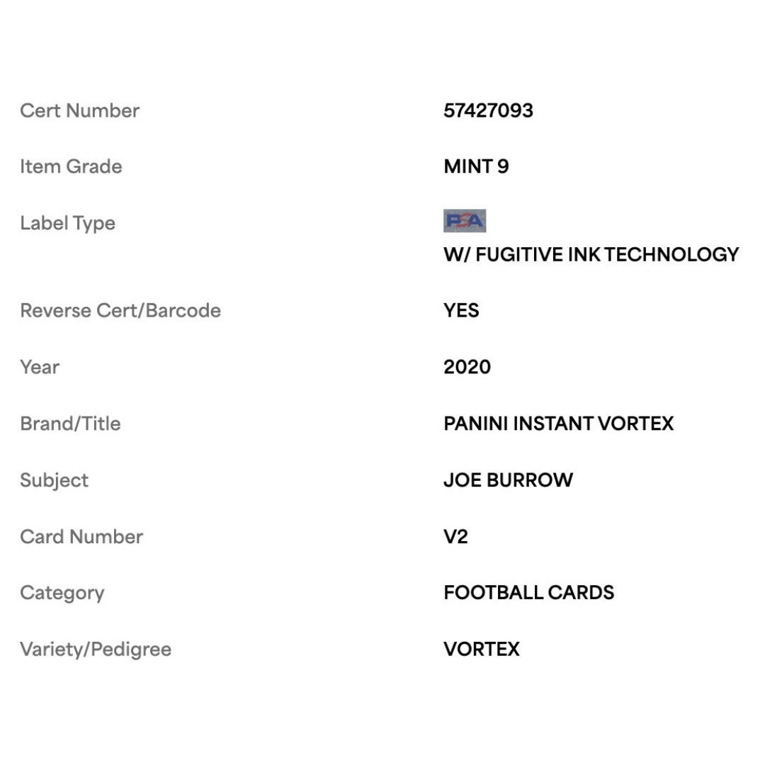 Joe Burrow PSA 9 2020 Panini Instant Vortex Rookie RC #d /935 Card #V2