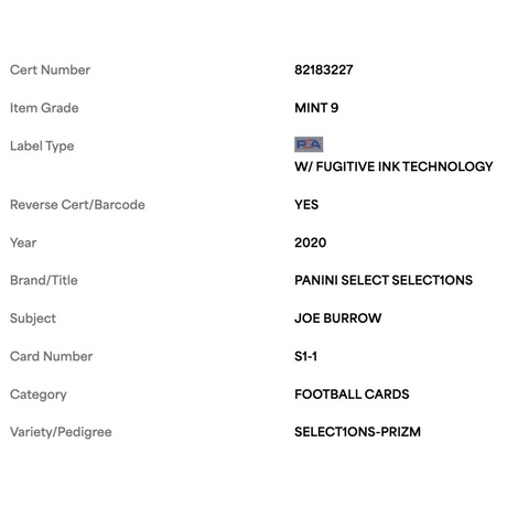 Joe Burrow PSA 9 2020 Panini Select Select1ons Prizm Card #S1-1