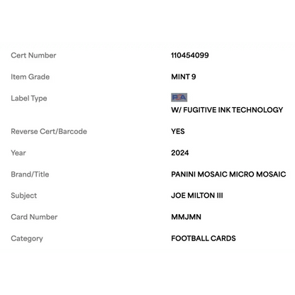 Joe Milton II PSA 9 2024 Panini Mosaic Micro Rookie RC Card #MMJMN
