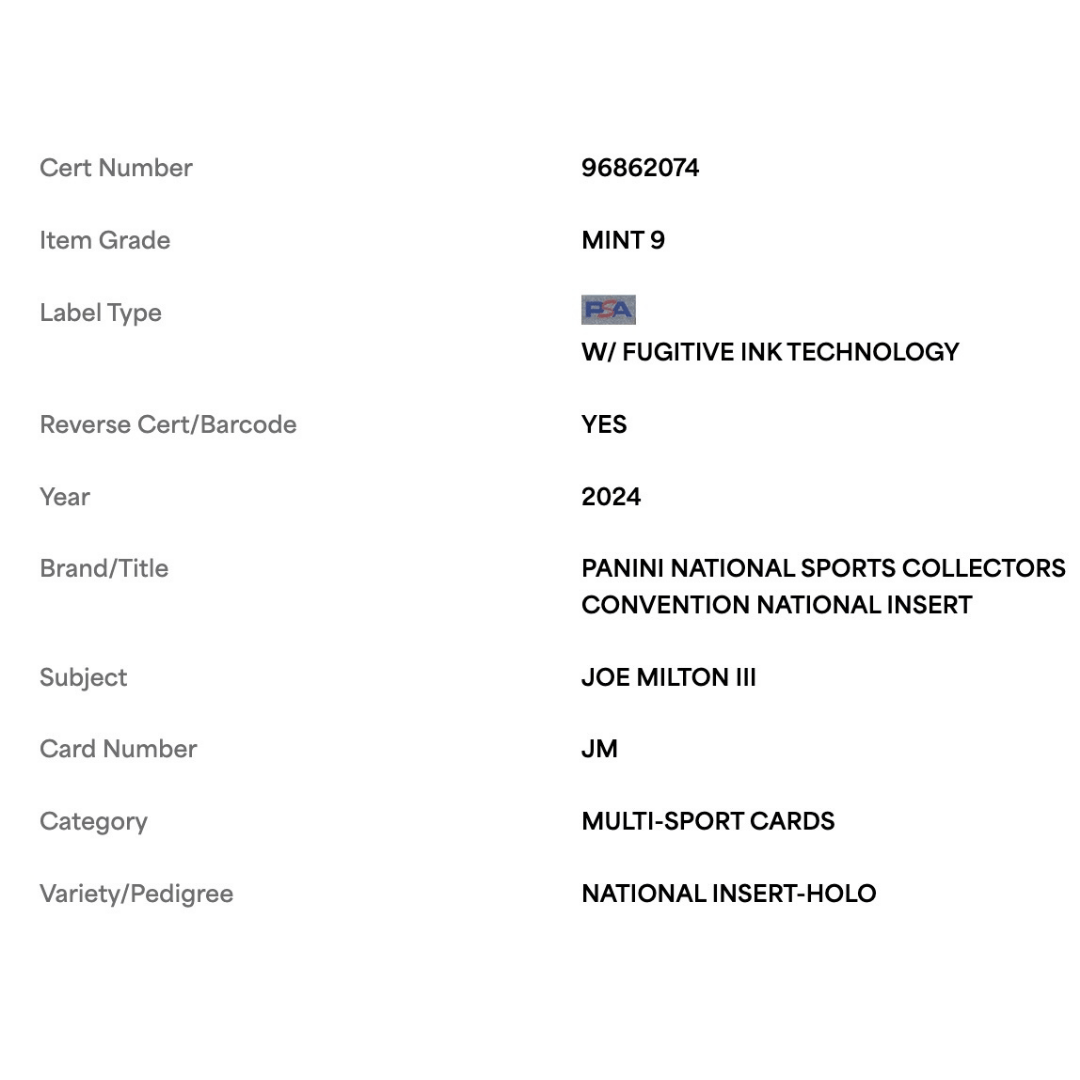 Joe Milton II PSA 9 2024 Panini National Sports Collectors Convention National Insert Holo Rookie RC #d/44 Card #JM