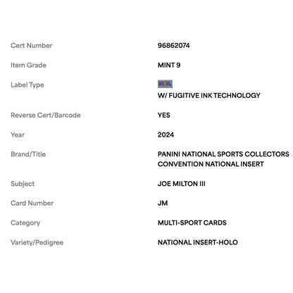 Joe Milton II PSA 9 2024 Panini National Sports Collectors Convention National Insert Holo Rookie RC #d/44 Card #JM