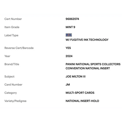 Joe Milton II PSA 9 2024 Panini National Sports Collectors Convention National Insert Holo Rookie RC #d/44 Card #JM