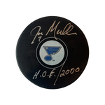 
Joe Mullen St Louis Blues Autographed Logo Puck w/ "HOF 2000" Inscription - Fan Cave COA — Front