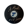 Joe Mullen St Louis Blues Autographed Logo Puck w/ "HOF 2000" Inscription - Fan Cave COA
