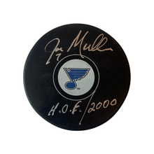Joe Mullen St Louis Blues Autographed Logo Puck w/ "HOF 2000" Inscription - Fan Cave COA