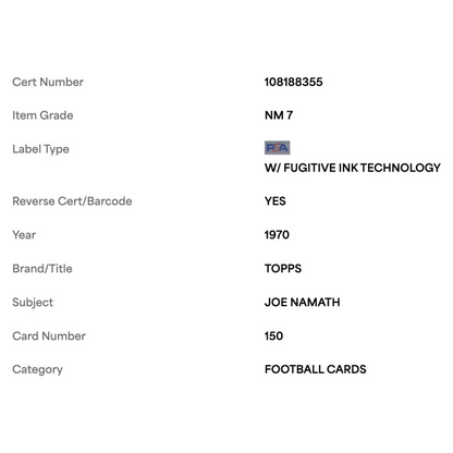 Joe Namath PSA 7 1970 Topps Card #150