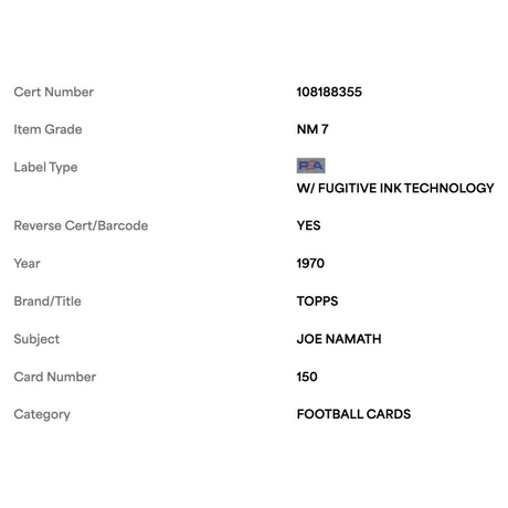 Joe Namath PSA 7 1970 Topps Card #150